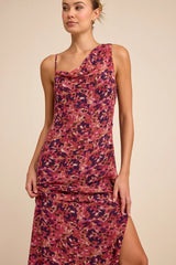 Vienta Magenta Floral Chiffon Asymmetrical Maxi Dress