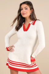 Soft Serenity Heather Ivory and Red Collared Sweater Mini Dress