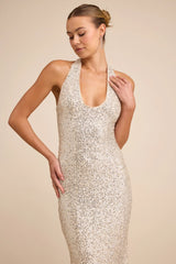 Velenia Champagne Sequin Halter Mermaid Maxi Dress