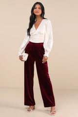 Posh Idea Plum Velvet High-Rise Straight Leg Trouser Pants