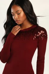 Snow Stopper Burgundy Ribbed Sequin Mini Sweater Dress
