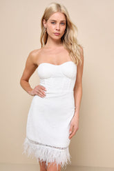 Vivacious Moment Ivory Lace Bustier Strapless Feather Mini Dress