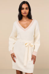 Cuddly Forecast Ivory Long Sleeve Belted Sweater Mini Dress