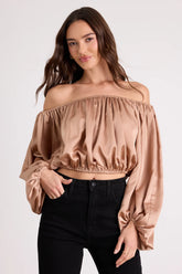 Jordana Tan Satin Off-the-Shoulder Crop Top