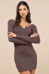 Sweetest Joy Heather Brown Long Sleeve Sweater Mini Dress