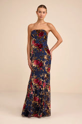 Anoah Navy Floral Velvet Burnout Strapless Maxi Dress