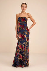Anoah Navy Floral Velvet Burnout Strapless Maxi Dress