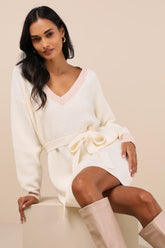 Cuddly Forecast Ivory Long Sleeve Belted Sweater Mini Dress