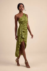 Vasia Olive Green Jacquard One-Shoulder Midi Dress
