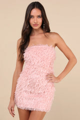 Glam Instinct Light Pink Fringe Strapless Bodycon Mini Dress
