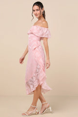 Pretty Perfect Navy Floral Burnout Off-The-Shoulder Midi Dress