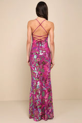 Glittering Icon Magenta Iridescent Sequin Lace-Up Maxi Dress