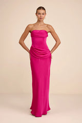 Verbena Magenta Satin Draped Strapless Maxi Dress