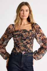 Mood Setter Black Floral Print Ruched Long Sleeve Top