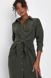 Autumnal Views Tan Suede Button-Up Tie-Front Midi Dress