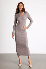 Mattea Grey Ribbed Cutout Long Sleeve Sweater Midi Dress