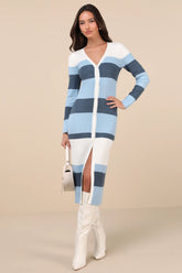 Comfy Darling Blue Striped Button-Up Midi Sweater Dress