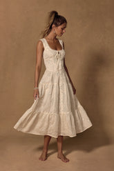 Antionette Cream Embroidered Sequin Button-Front Midi Dress