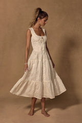 Antionette Cream Embroidered Sequin Button-Front Midi Dress