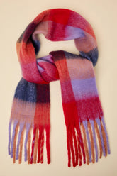 Fayden Berry Red Multi Plaid Oversized Fringe Scarf