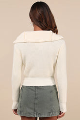 Cozy Inclination Ivory Cropped Zip-Front Collared Sweater