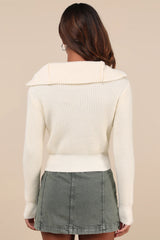 Cozy Inclination Ivory Cropped Zip-Front Collared Sweater