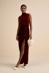 Alluring Image Rust Red Ruched Velvet Mock Neck Maxi Dress