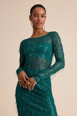 Sheer Fascination Emerald Sheer Mesh Sequin Fringe Maxi Dress