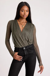 Kenni Dark Bronze Lurex Sheer Surplice Bodysuit