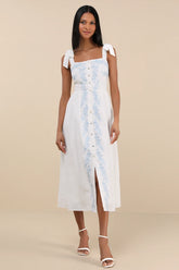 Corinthia White Embroidered Button-Front Midi Dress
