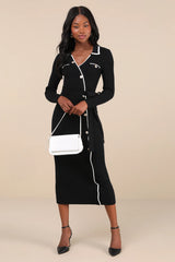 Chic Persuasion Black Ribbed Button-Front Midi Sweater Dress