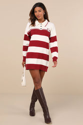 Stellar Cutie Ivory and Red Striped Collared Sweater Mini Dress