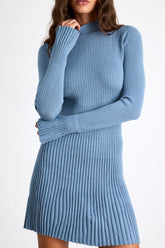 Adiva Slate Blue Ribbed Mock Neck Sweater Mini Dress