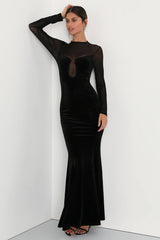 Alluring Fixation Black Velvet Mesh Long Sleeve Maxi Dress