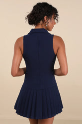 Posh Vision Navy Sleeveless Blazer Pleated Mini Dress