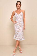 Alluring Love White and Beige Lace Trumpet Hem Midi Dress