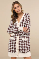 Truly Iconic Ivory and Brown Houndstooth Cardigan Sweater