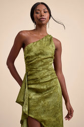 Vasia Olive Green Jacquard One-Shoulder Midi Dress