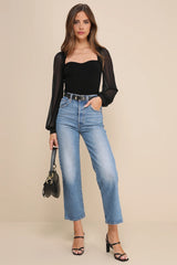 Sensational Sweetheart Black Ribbed Balloon Sleeve Bodysuit