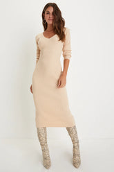 Everyday Beauty Beige Long Sleeve Ribbed Knit Sweater Dress