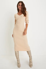 Everyday Beauty Beige Long Sleeve Ribbed Knit Sweater Dress