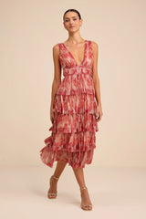 Valentia Magenta Plisse Sleeveless Tiered Midi Dress