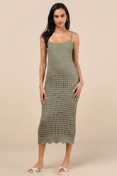 Ventura Vision Olive Green Crochet Lace-Up Midi Dress