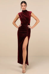 Alluring Image Rust Red Ruched Velvet Mock Neck Maxi Dress
