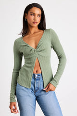 Myron Sage Ribbed Knit Twist-Front Long Sleeve Top