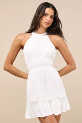 Zahia Rust Red Swiss Dot Ruffled Halter Mini Dress