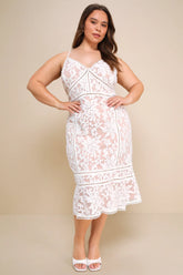 Alluring Love White and Beige Lace Trumpet Hem Midi Dress