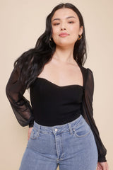 Sensational Sweetheart Black Ribbed Balloon Sleeve Bodysuit