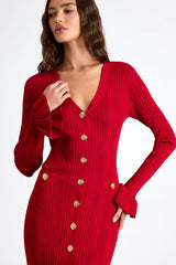 Dayena Red Ribbed Button-Front Sweater Midi Dress