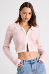 Leyden Light Pink Fuzzy Trim Zip-Front Cropped Cardigan